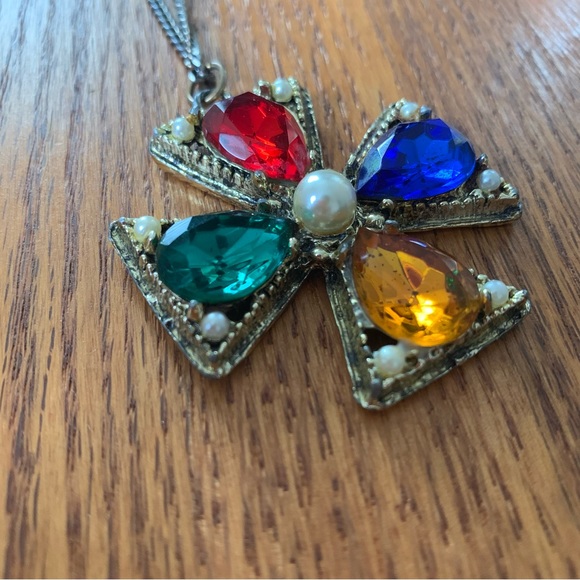 Vintage Rhinestone Maltese Cross colorful Necklace Gold tone - Picture 3 of 9